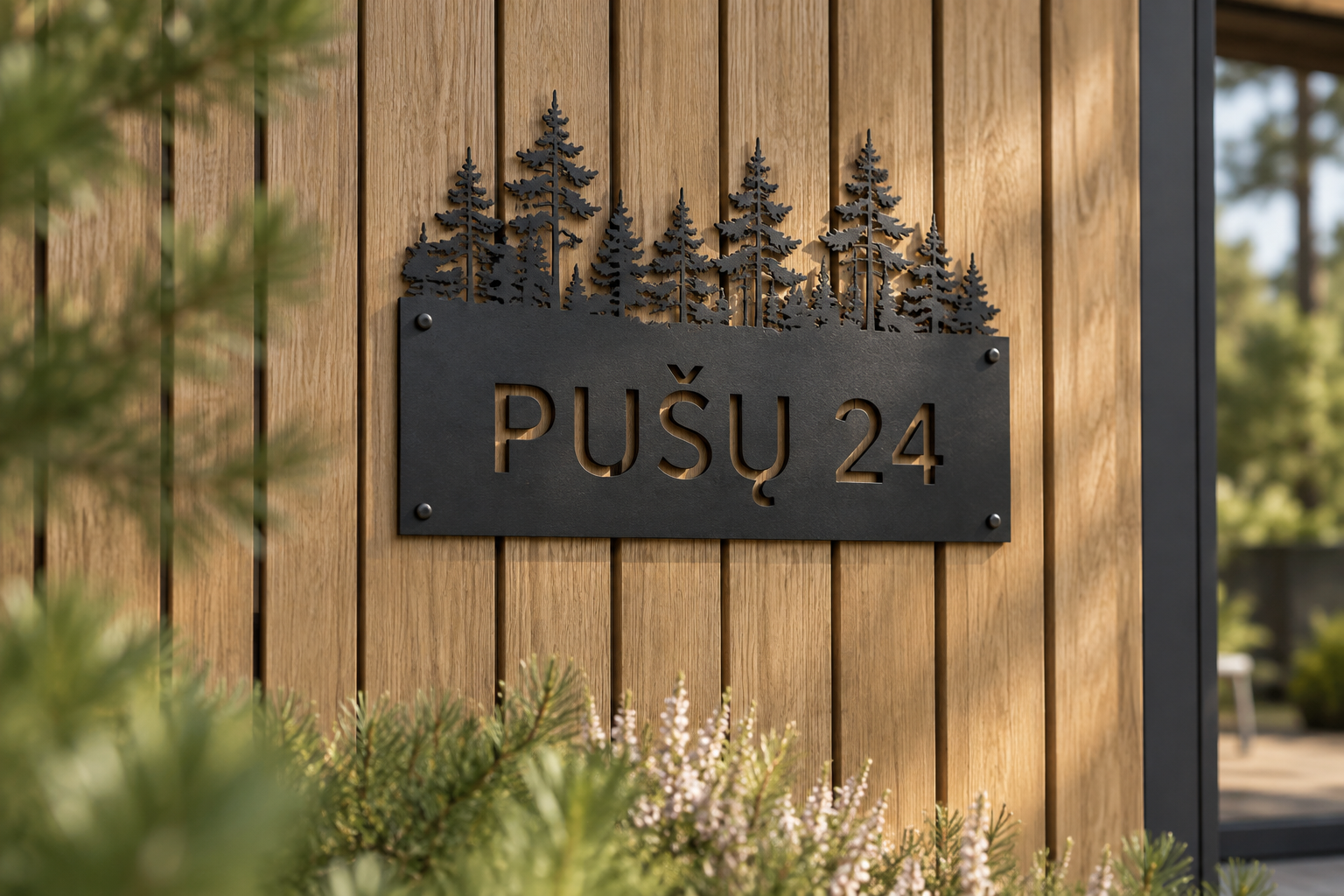 Pušų 24 lentelė ant medinio fasado